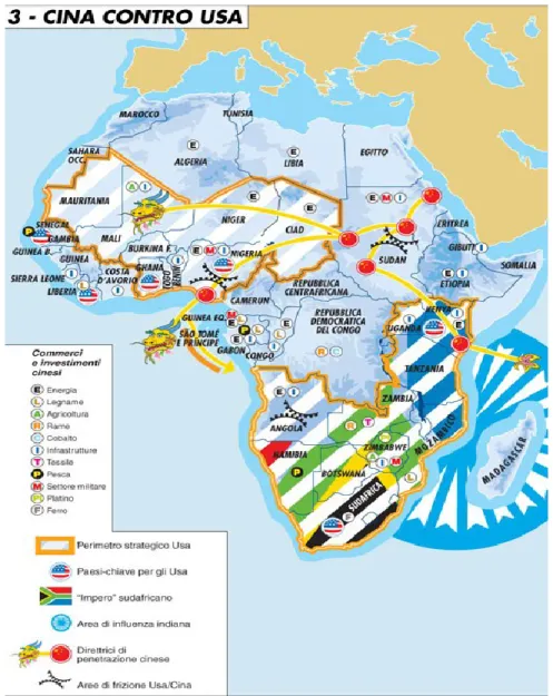 Figure 2 : Les zones d’influence géostratégique des États-Unis et de la Chine sur  le continent africain 