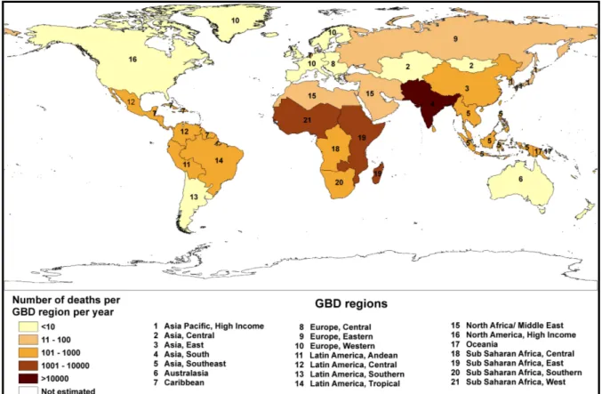 Figure 23 : Estimation annuelle du nombre de décès dû à une envenimation  ophidienne par région du monde [9] 