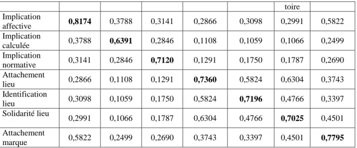 Tableau 12 : Validité discriminante des échelles de mesure du modèle des adhérents  