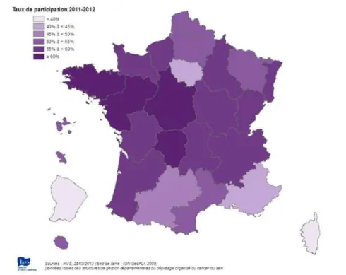 Figure  3 :  Programme  National  de  dépistage  organisé  du  cancer  du  sein  –  Taux  de  participation 2011-2012 par région (34) 