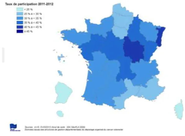 Figure  5 :  Programme  de  dépistage  organisé  du  cancer  colorectal  –  Années  2011  -2012  –  Taux de participation régionaux standardisés (Population de référence : France 2009) (50) 