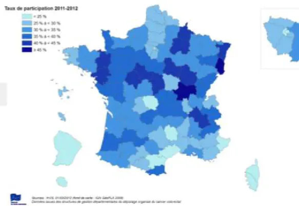 Figure  6 :  Programme  de  dépistage  organisé  du  cancer  colorectal  –  Années  2011  -2012  –  Taux  de  participation  départementaux  standardisés  (Population  de  référence :  France  2009)  (50)