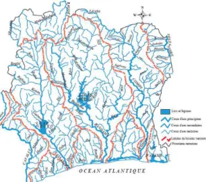 Figure 13  : Réseau hydrographique de la Côte d’Ivoire Source : Practica Foundation &amp; UNICEF (43) 