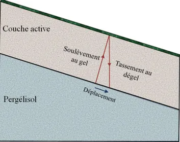 Figure 35- Déplacement résultant des phénomènes de soulèvement au gel et de tassement au dégel (Doré,  2011) 
