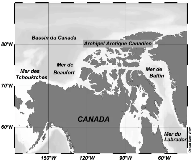 Figure 1.1. Carte des régions de l‟Arctique étudiées dans cette thèse
