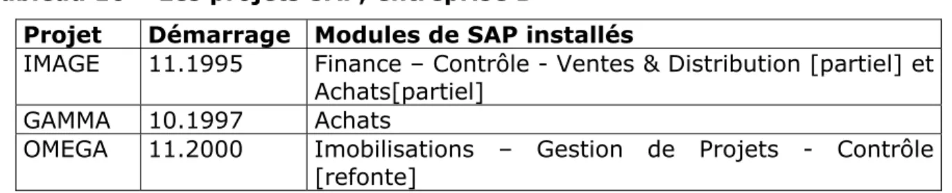 Tableau 10 – Les projets SAP, entreprise B 