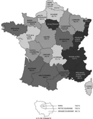 Figure 4: Prévalence régionale de l'initiation de l'allaitement en France selon l'ENP de 2003 