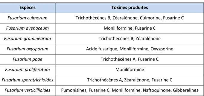 Figure 18 : Quelques toxines produites suivant l’espèce de Fusarium (41) 