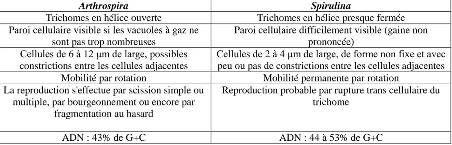 Tableau 1 : Comparaison entre les genres Spirulina et Arthrospira, données tirées de  Spirulina plaensis  et ses constituants intêrets nutritionnels et activités thérapeutiques, de Lauret Dargent (3) En  1962,  les  taxonomistes  diffèrent  les  procaryote