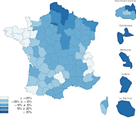 Illustration 2 : Variations de la prévalence du diabète traité par rapport à la  prévalence nationale, par département, France entière, en 2016