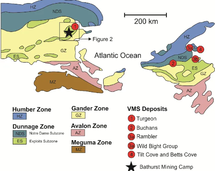 Figure 1: Geologic map of the northeastern Appalachian Orogen illustrating the location of the Turgeon  deposit relative to the VMS deposits of the Buchans Camp, Rambler Camp, Wild Bight Group, and Betts  Cove and Tilt Cove Ophiolite (modified from Zagorev
