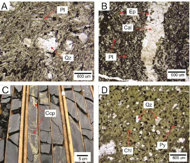 Figure 5 : Least and most altered rocks at Turgeon. Pl = plagioclase, Qz = quartz, Ep = epidote, Cal = calcite,  Chl = chlorite, Py = pyrite, Ccp = chalcopyrite A