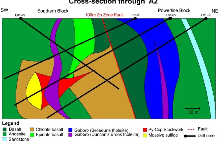 Figure 6 : Cross-section through A2 from Figure 4. The “48-49” massive sulfide lens is located in the  Southern block, near the contact between the pillow basalts and sheeted dykes (Figure 4)