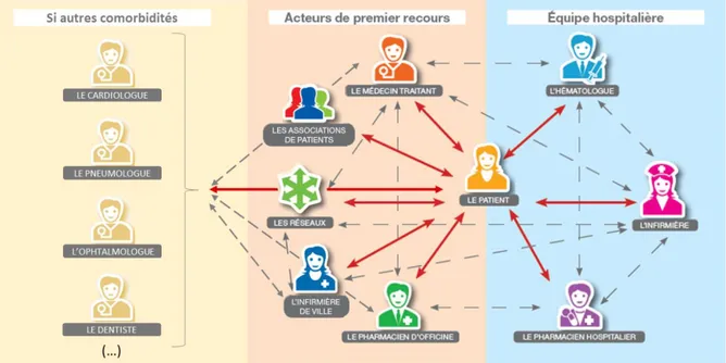 Figure 1. Professionnels de santé intervenant dans le parcours de soins du patient cancéreux, adapté de la société  française d’hématologie (3)