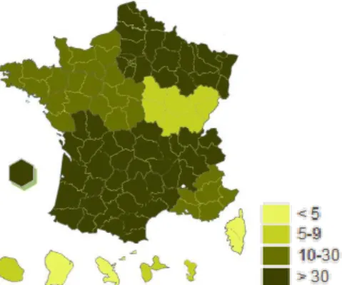 Figure  5. Nombre de pharmacies à  usage intérieur abonnées au dossier pharmaceutique par région au 30  avril  2018, d’après l’Ordre National des Pharmaciens (67)