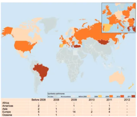 Figure 5 : Apparition des cathinones synthétiques jusqu’à 2012 dans le monde 