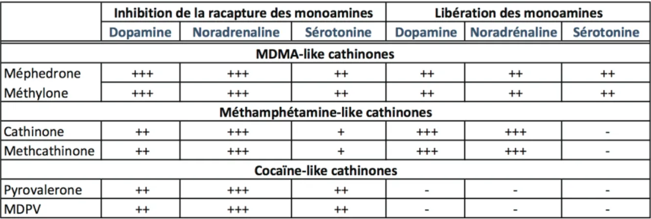 Tableau 3 : Effets de quelques cathinones synthétiques sur les monoamines 
