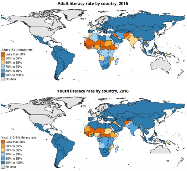 Figure 4 : Répartition des taux d’alphabétisation dans le monde, en 2016, chez les adultes (première carte) et  chez les jeunes adultes (15 à 24 ans) (deuxième carte)