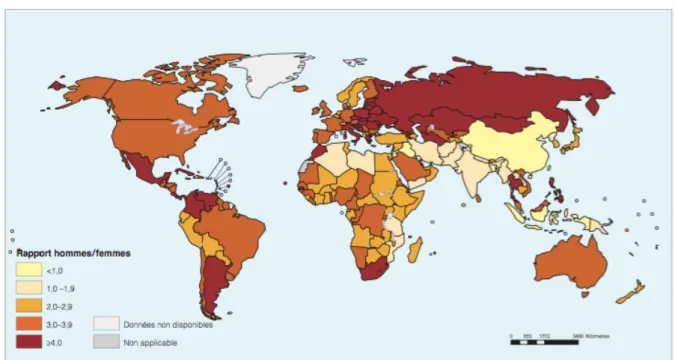 Figure 3 : Rapport hommes/femmes des taux de suicide standardisés selon l'âge, en 2012 (Organisation  mondiale de la santé, 2014) 