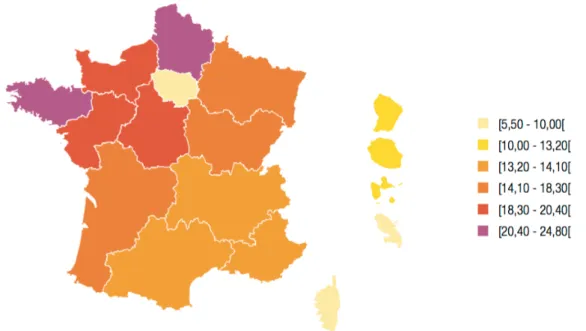 Figure 7 : Taux de suicides standardisés dans les grandes régions françaises pour 100 000 habitants en 2012  (Observatoire national du suicide, 2016) 