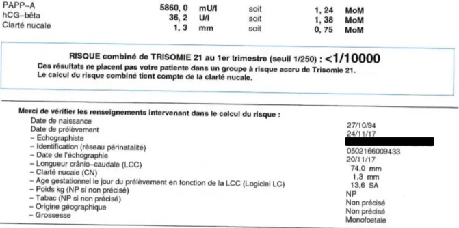 Figure 4 : Exemple de compte rendu du dépistage de la trisomie 21 