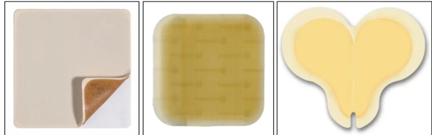 Figure  9 : Pansements  (de gauche à droite) ASKINA ®  HYDRO (B-Braun), COMFEEL ®  PLUS (Coloplast) et  HYDROCOLL ®  SACRAL (Hartmann) 