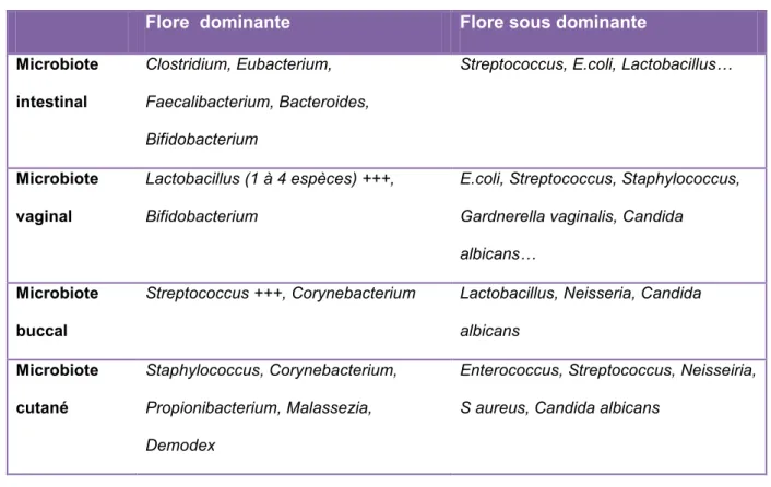 Tableau 1: Composition des différents microbiotes chez l'Homme 