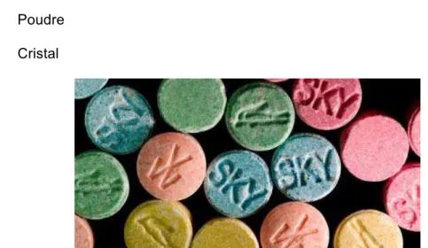 Figure  22 :  Ecstasy  sous  la  forme  "comprimé".  La composition d'un comprimé présenté  comme  étant  de  l'ecstasy  est  souvent  incertaine  :  la  molécule  MDMA  n'est  pas  toujours  présente  (10%  des  cas)  et  peut  être  mélangée  à  