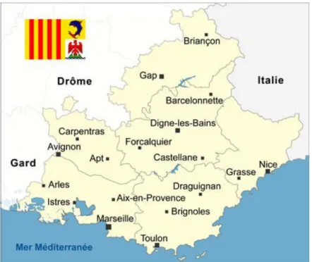 Figure 1 : Carte de la région Provence-Alpes-Côte d’Azur (Office du tourisme Entraigues sur la  Sorgue, 2014, n.p.) 2