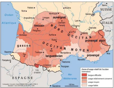 Figure 8 : Zones d’usages relatifs de l’occitan (Sibille, 2014, n.p.) 10