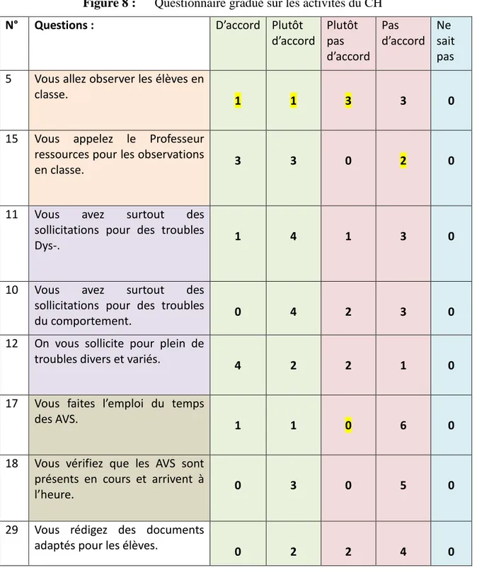 Figure 8 :  Questionnaire gradué sur les activités du CH 