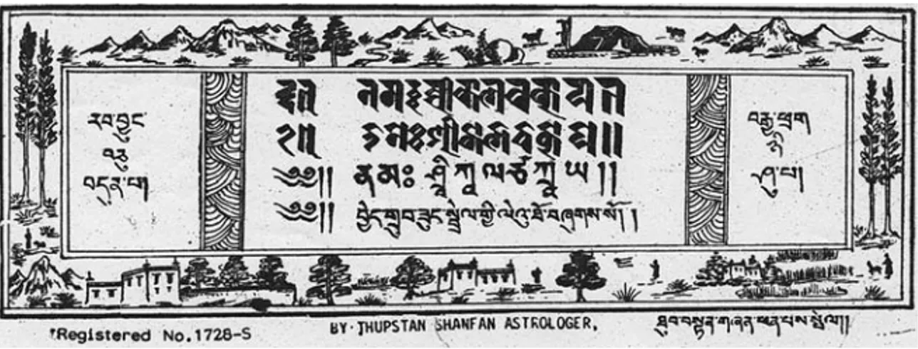 Figure 1. Couverture de l’almanach (le’u tho) de l’année 1996/97 correspondant   aux années Souris de Feu et Bœuf  de Feu du 17 e  cycle de soixante ans (rab byung).