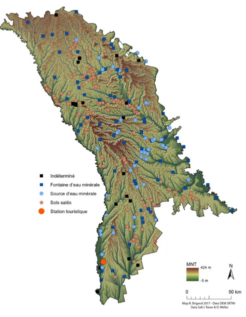 Fig. 2. Carte des sources minérales et des sols salés de Moldavie  Fig. 2. Harta izvoarelor minerale şi a solurilor sărate din Moldova 