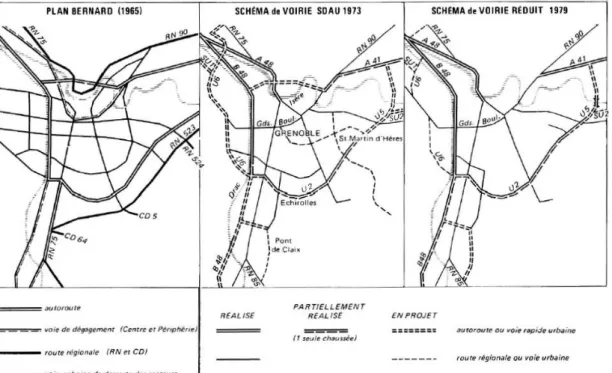 Figure 9 : L’infrastructure routière de l’Agglomération grenobloise : les réductions successives  Evolution du schéma du réseau routier entre 1973 et 1979 