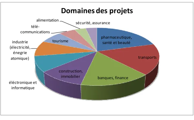 Figure 8 : Répartition des projets e-learning chez Speedernet selon le domaine  En  prenant  en  compte  les  résultats  de  cette  analyse,  nous  pouvons  voir  que  Speedernet  a  des  clients  dans  des  domaines  très  divers,  mais  les  projets  dan