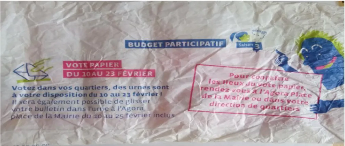 Illustration 2.  Emballage de pains invitant les Rennais à se mobiliser pour le budget participatif  Source : Amadou, capture d‟images 