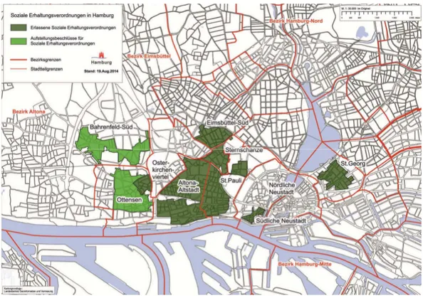 Figure 02: Social Preservation Statute areas in Hamburg  Source: Behörde für Stadtentwicklung und Umwelt, 2014 