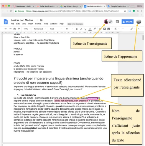 Figure 2 : Fenêtre Google Chrome avec le document partagé Google Docs, vu de l’ordinateur de l’apprenante 