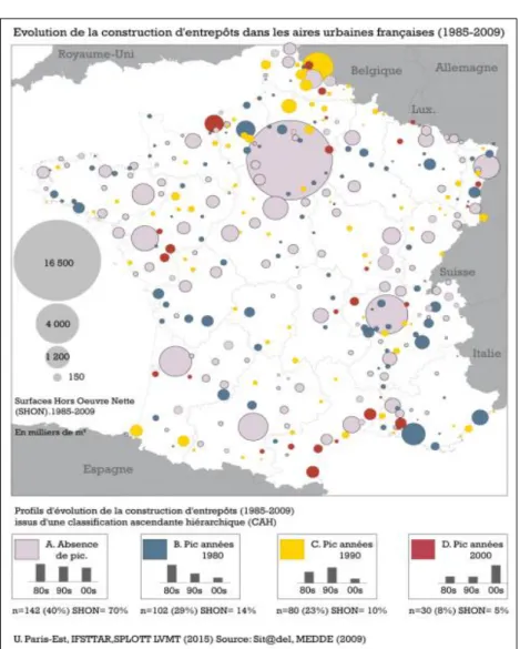 Figure 3 - Evolution du rythme de construction d’entrepôts dans les aires urbaines françaises entre 1985 et  2009, (Source : Guerrero et Proulhac, 2016) 