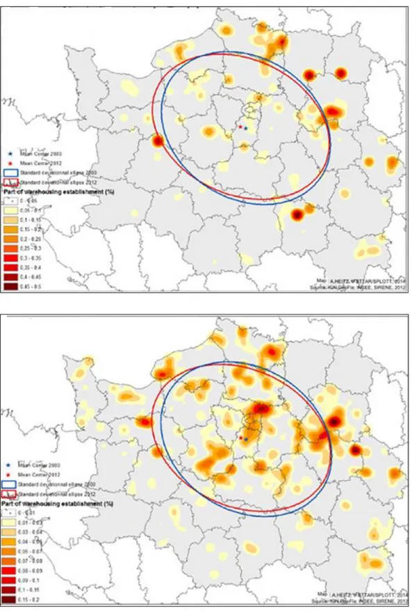 Figure 4 - Localisation des activités logistiques par rapport aux activités économiques dans le Bassin Parisien  entre 2000 et 2012 (source : Heitz, Dablanc, 2015)  