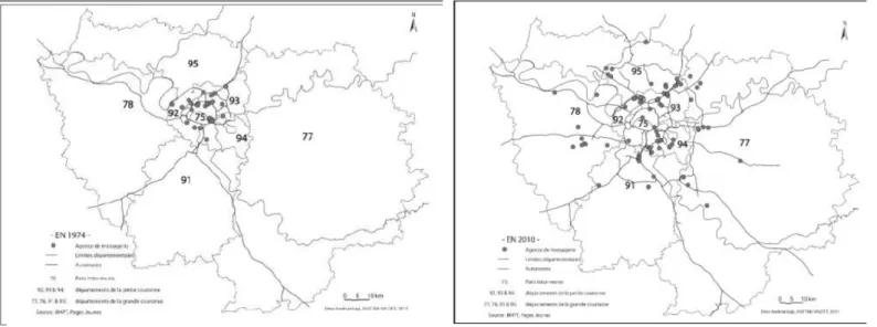 Figure 10 - Localisation des terminaux de messagerie en 1974 et 2010, source : Andriankaja, 2014 