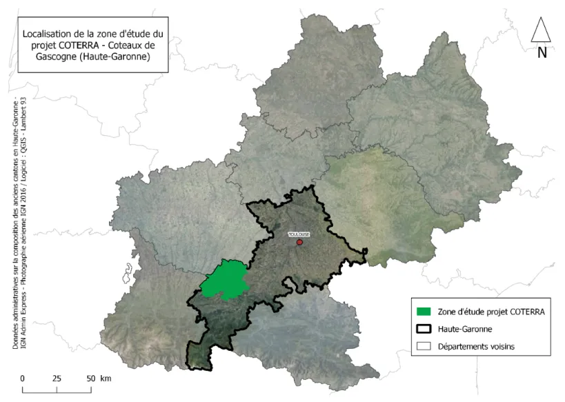 Figure  n°1  :  Carte  illustrant  la  localisation  de  la  zone  d’étude  du  projet  COTERRA  dans   les  coteaux  de  Gascogne  (31),  réalisée  par  LECLERC  Anouk  –  Juillet  2019  