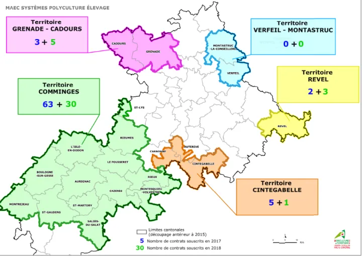Figure  n°5  :  Localisation  du  dispositif  MAEC  SPE  sur  le  territoire  des  coteaux  de   Gascogne,  carte  réalisée  par  Chambre  d’agriculture  de  la  H-­G,  Septembre  2018     