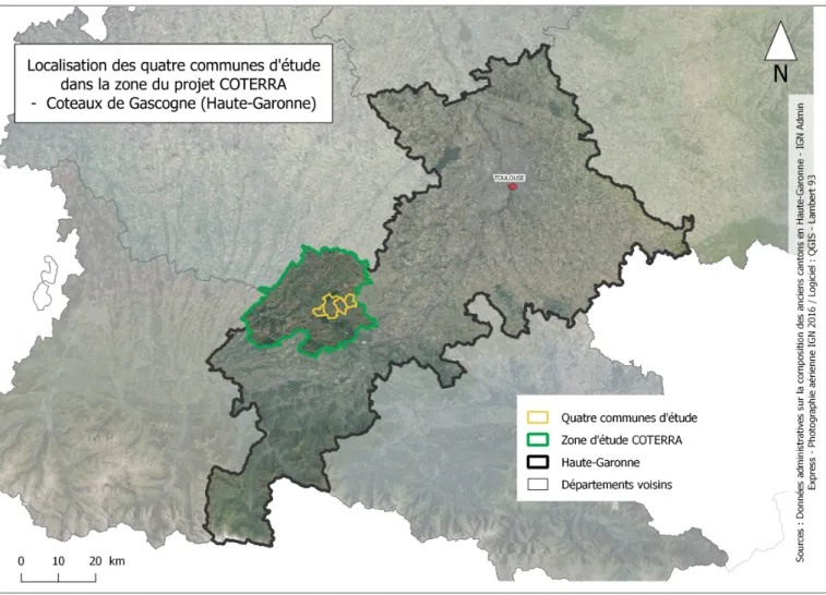 Figure  n°7  :  Carte  illustrant  la  localisation  des  quatre  communes  dans  la  zone  d’étude  du   projet  COTERRA,  réalisée  par  LECLERC  Anouk  –  Juillet  2019  