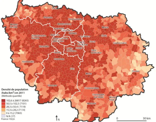 Figure 2 Densité de population en 2011 (habitants/km²)  (Source http://carto.observatoire-des-territoires.gouv.fr/ 