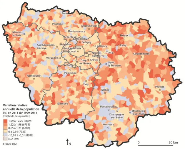 Figure 3 Variation relative annuelle de la population en 2011 (en %) sur la période 1999-2011  (Source http://carto.observatoire-des-territoires.gouv.fr/) 