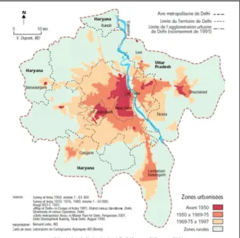 Figure 2 : L’extension urbaine à Dehli (Inde)  Source : J.P. Sueur pour le Senat (2012) 
