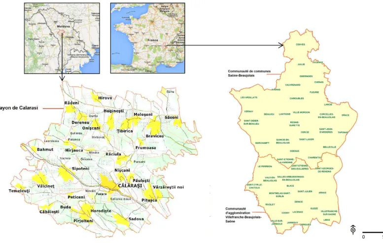Figure 7 : Cartons de localisation du Beaujolais et de Kalarach 12 Source : google maps (2015), district de kalarach (2015), CCSB (2015) 