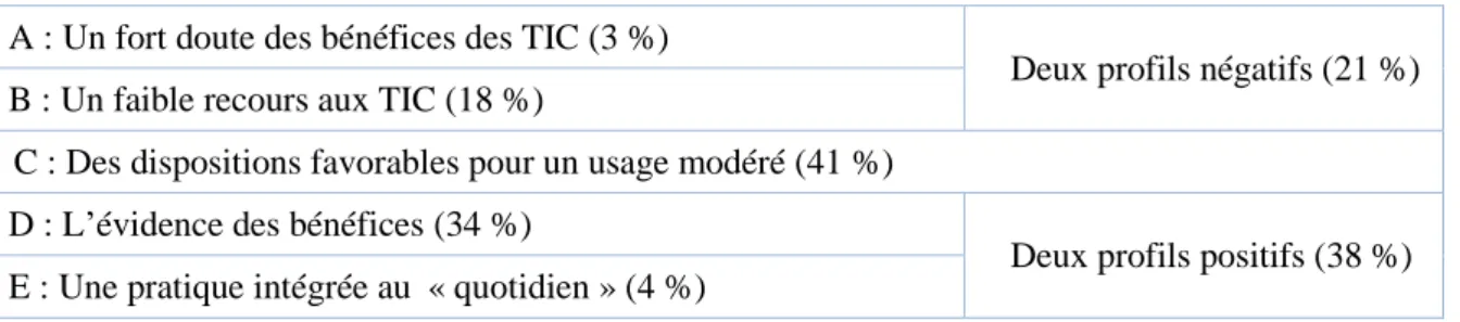 Tableau 3 : typologies des enseignants face aux TICE (Enquête PROFETIC) 