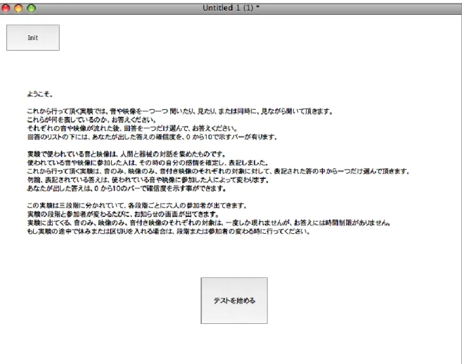 Figure 3 : Image de la page d'accueil du test après initialisation pour un sujet japonais 